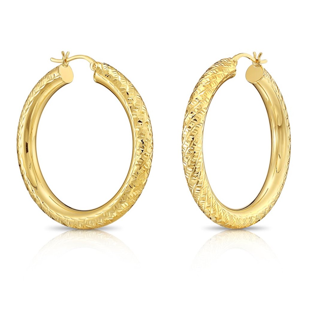 14K Yellow Gold Diamond Cut Hoop deals Earrings, 50mm x 4mm