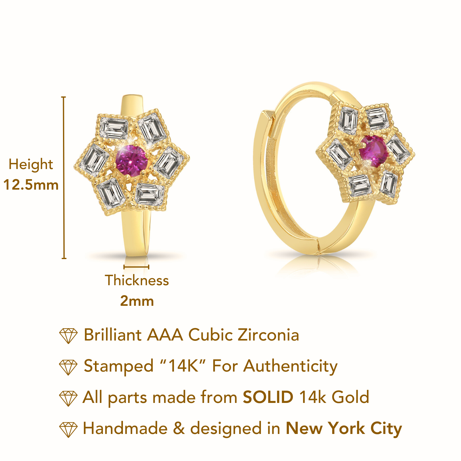 OZZAR 14k Yellow Gold Flower 2024 CZ Huggie Earrings (10 x 10 mm) - 2 Different Color Available