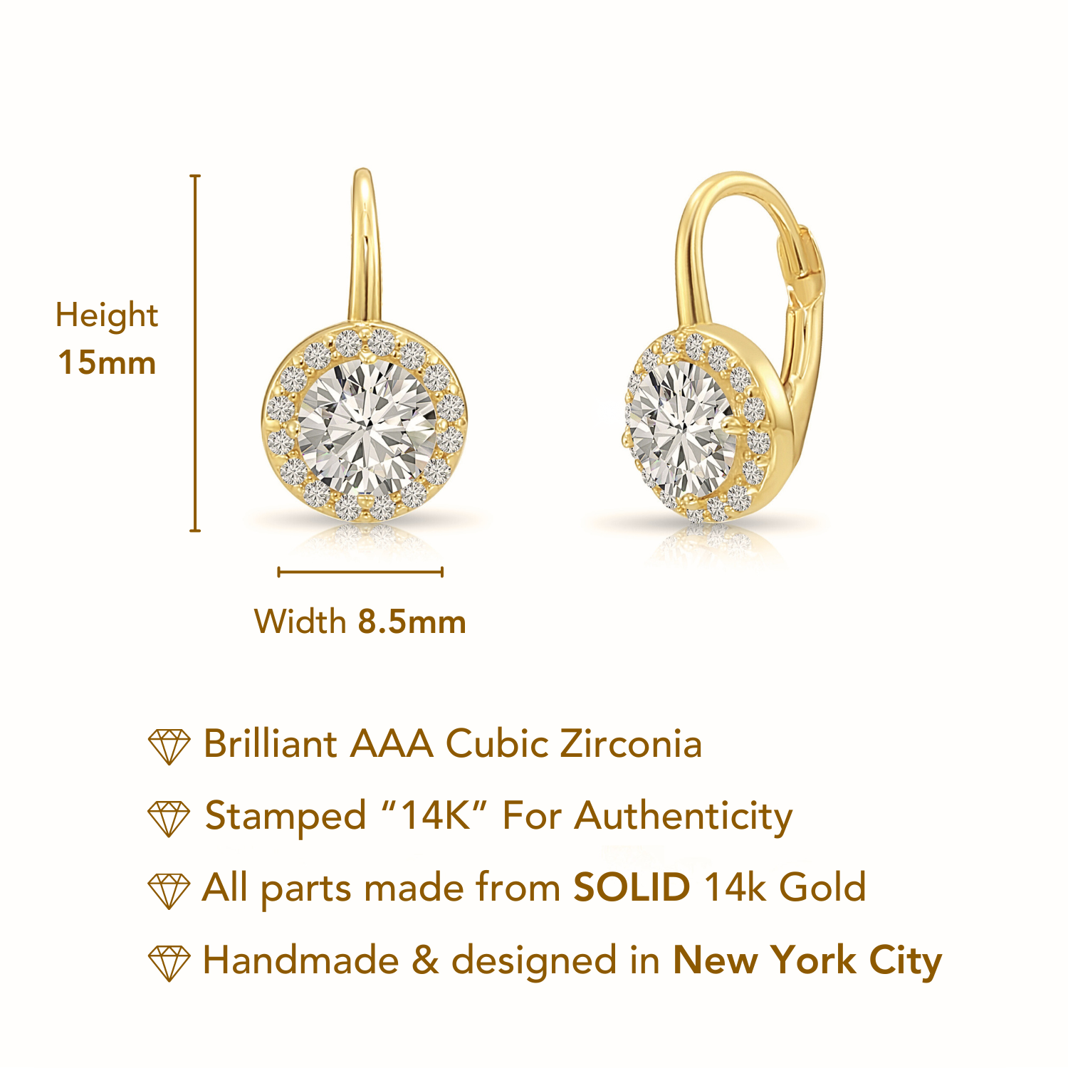 14k gold round buy cubic zirconia leverback earrings