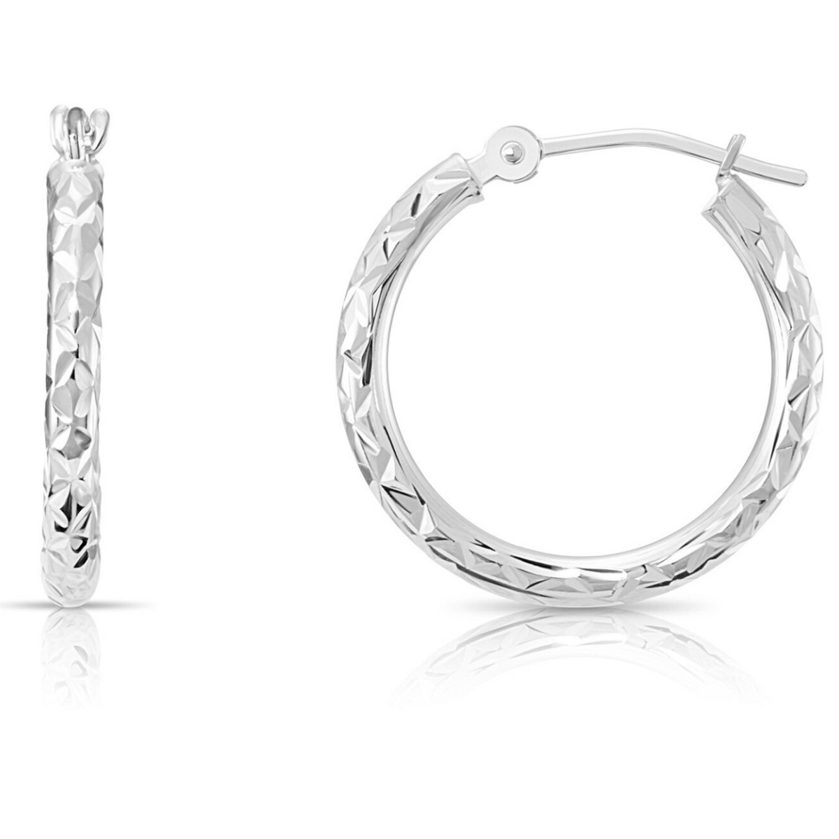 Oval Hoop Earrings in 14k White Gold, outlet Hand Engraved Checkered Diamond Cut, U Shape