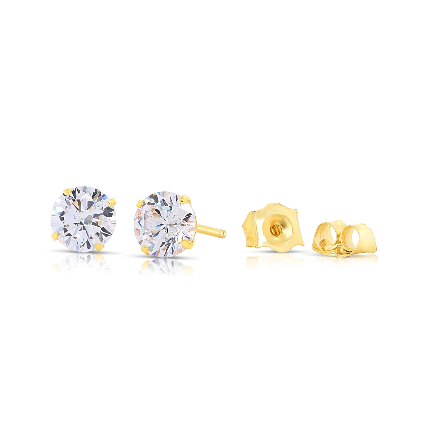 14K White Gold Round CZ Stud Earrings with Butterfly Pushbacks for Women, Men, and Girls - Real Solid Gold Solitaire Design