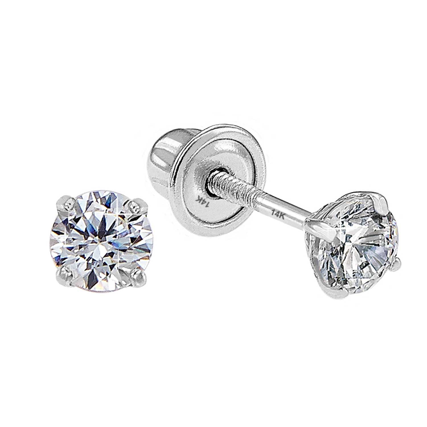 14k White Gold Classic Solitaire Stud Earrings, Screwback, #42677