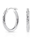 14K White Gold Hoop Earrings with Hand Engraved Tornado Design, 2mm Thin, All Sizes