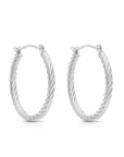 14k White Gold Hoop Earrings with Twist Textured Square Tube