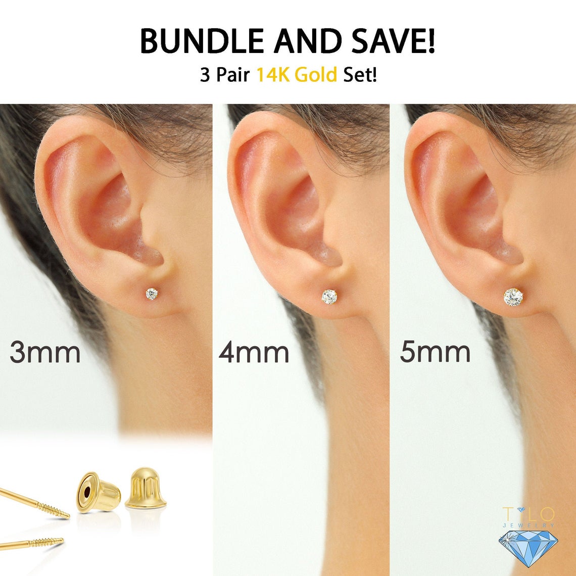 Two Earring Back Replacements |14K Solid White Gold | Threaded Screw on  Screw Off | Quality Die Struck | Post Size .032 | 1 Pair