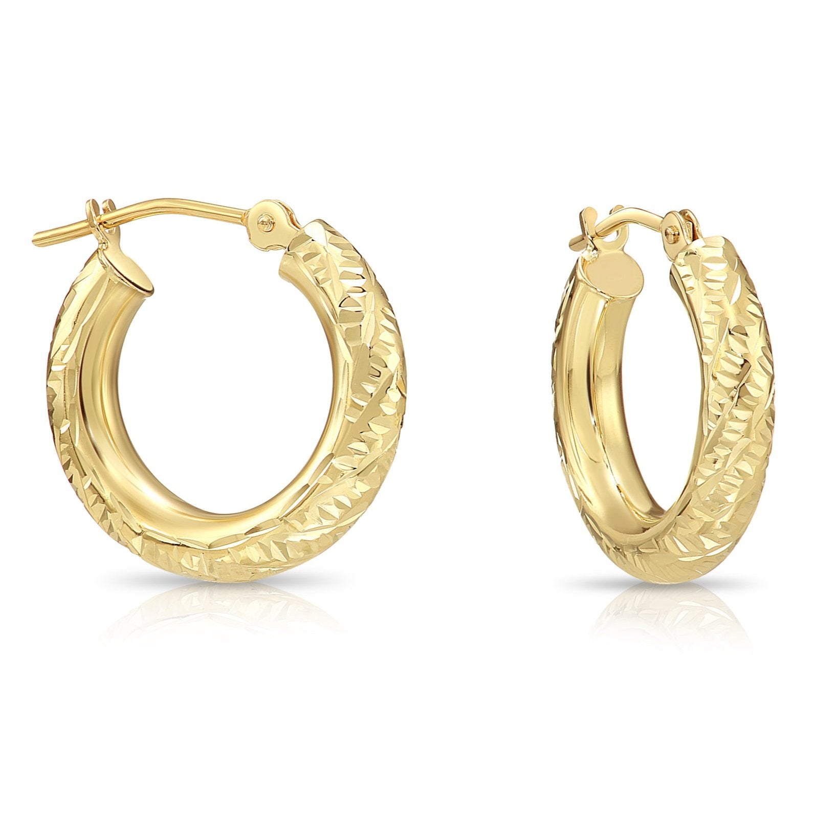 14K Solid Gold Tornado Hoop Earrings, Diamond-Cut &amp; Hand Engraved Design, 3mm Thin