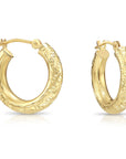 14K Solid Gold Tornado Hoop Earrings, Diamond-Cut & Hand Engraved Design, 3mm Thin