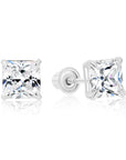 14k White Gold Square Zirconia Stud Earrings, With Screwbacks, Princess Cut Studs