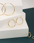 10K Yellow Gold Classic Round Hoop Earrings, 2mm Thin, All Sizes Available