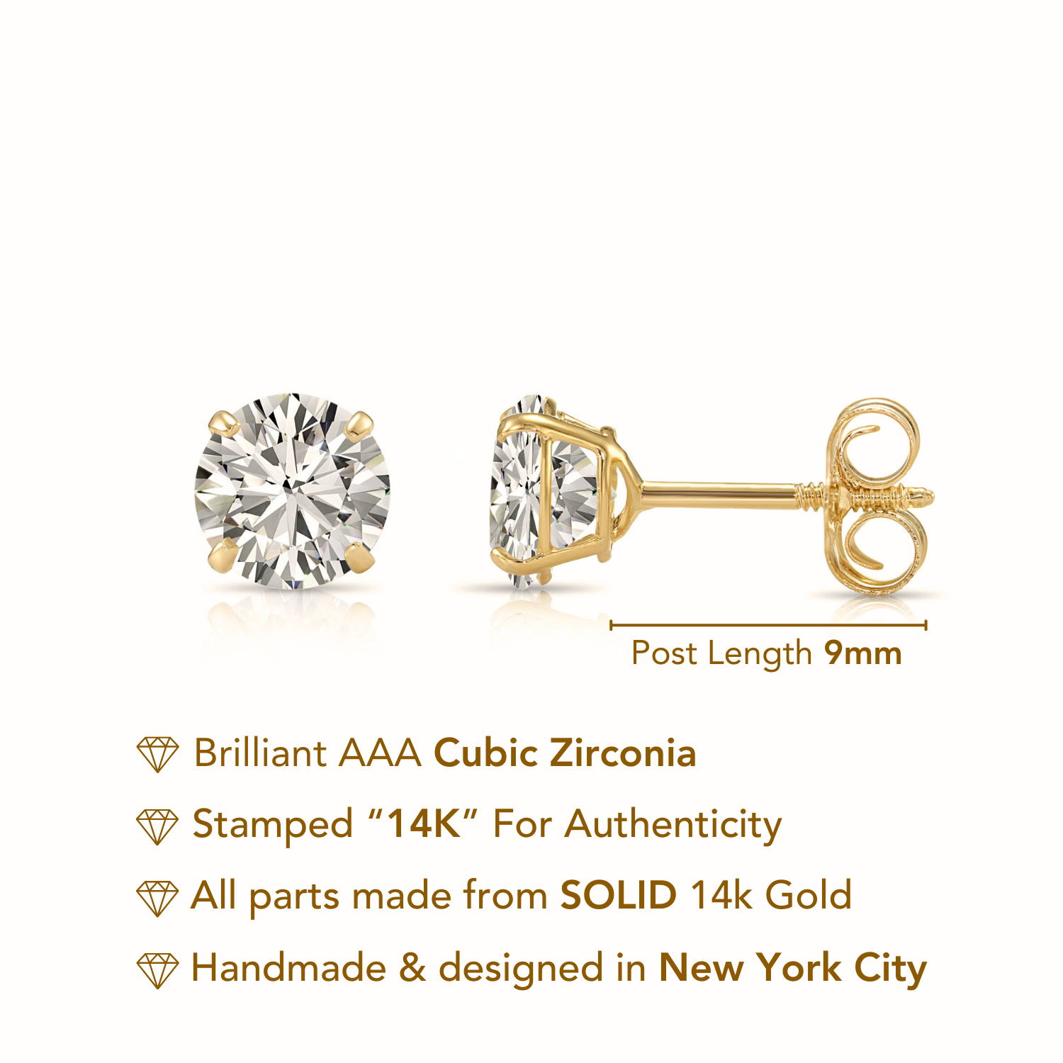 14K Yellow Gold Classic Solitaire Stud Earrings, With Secure Push-On/Screw-off Backings