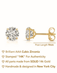 14K Yellow Gold Classic Solitaire Stud Earrings, With Secure Push-On/Screw-off Backings