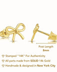 14k Solid Yellow Gold Ribbon Bow Stud Earrings, With Secure Screw-Backs