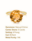 14K Yellow Gold Natural Citrine Gemstone Ring, 5 Carats