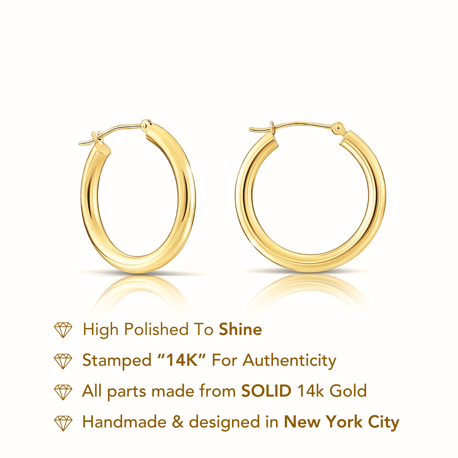 14k Yellow Gold Chunky Hoop Earrings, 3mm Thickness 