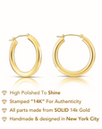 14k Yellow Gold Chunky Hoop Earrings, 3mm Thickness 