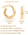 Solid 10K Yellow Gold Full Diamond-Cut Round Hoop Earrings, Italian Style, Chunky 3mm