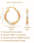 Solid 10K Yellow Gold Tri-Color Hoop Earrings, Italian Style Design, Chunky 3mm