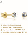 14K Gold Lab Diamond Stud Earrings, CVD Brilliant Solitaire Round Diamond Studs, Screwback