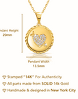 14K Solid Yellow Gold Pave CZ Heart Pendant, With 18" Cable Chain Necklace