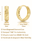 14K Gold Huggie Earrings, Diamond-Cut Engravings, Size 12mm