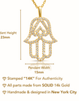 14K Solid Yellow Gold CZ Hamsa Pendant, With 18" Cable Chain Necklace