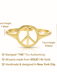 Solid 14k Gold Peace Sign Ring, 14k Yellow Gold Stackable Ring, Dainty Peace Sign Signet Design Ring