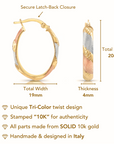 Solid 10K Yellow Gold Tri-Color Oval Hoop Earrings, Italian Style Design, Satin Finish