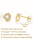 Solid 14k Gold Brilliant CZ Love Knot Twist Studs, 7mm, With Pushbacks