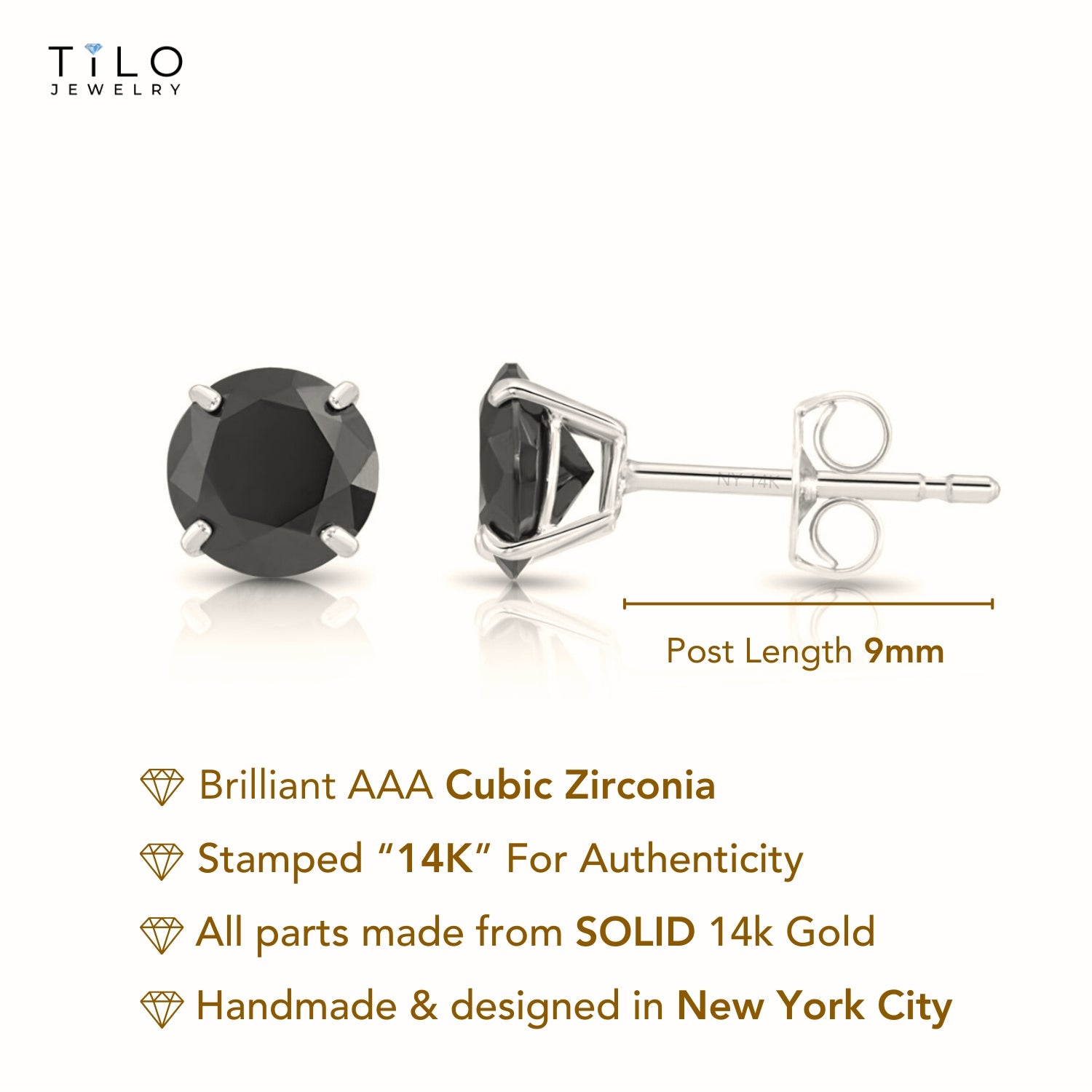 14K White Gold Black Onyx CZ Studs, Pushback