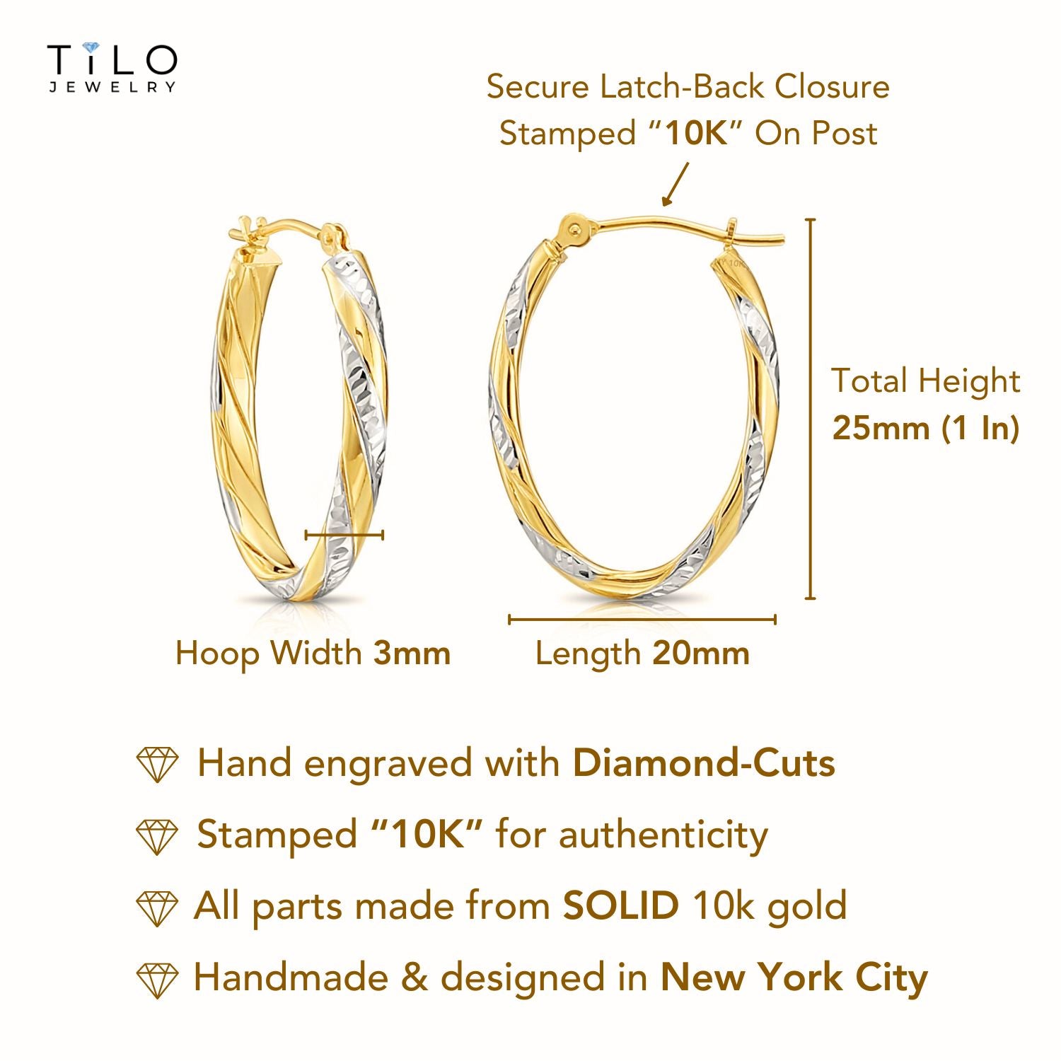 10K Gold Two-Tone Spiral Diamond-Cut Oval Hoop Earrings