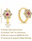 14K Yellow Gold Ruby Birthstone CZ Flower Huggies Hoop Earrings