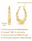 10K Solid Yellow Gold Bamboo Hoop Earrings, Large Statement Hoops