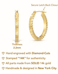 14k Solid Yellow Gold Square Tube Hoop Earrings, Diamond-Cuts Design, 2.2mm Thin