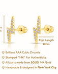 14k Solid Yellow Gold Lightning Bolt Studs, With Screw on Screwbacks