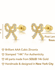 14k Solid Yellow Gold CZ Ribbon Bow Studs, With Screw on Screwbacks