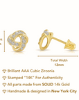 Solid 14k Gold Brilliant CZ Love Knot Twist Studs, 7mm, With Screwbacks