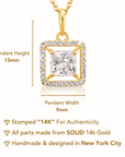 14K Solid Yellow Gold Princess-Cut Halo CZ Pendant, With 18" Cable Chain Necklace