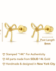 14k Solid Yellow Gold Ribbon Bow Studs, With Screw on Screwbacks