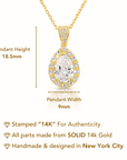 14K Solid Yellow Gold Pear-Cut Halo CZ Pendant, With 18" Cable Chain Necklace