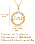 14K Solid Yellow Gold Love Script CZ Pendant, With 18" Cable Chain Necklace