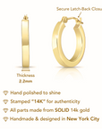 14k Solid Yellow Gold Square Tube Hoop Earrings, Bold Chunky Hoops, 2.2mm Thin