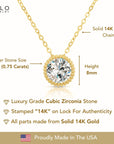 14k Gold Classic Solitaire Necklace, With Adjustable 14K Gold Cable Chain 16"-18"