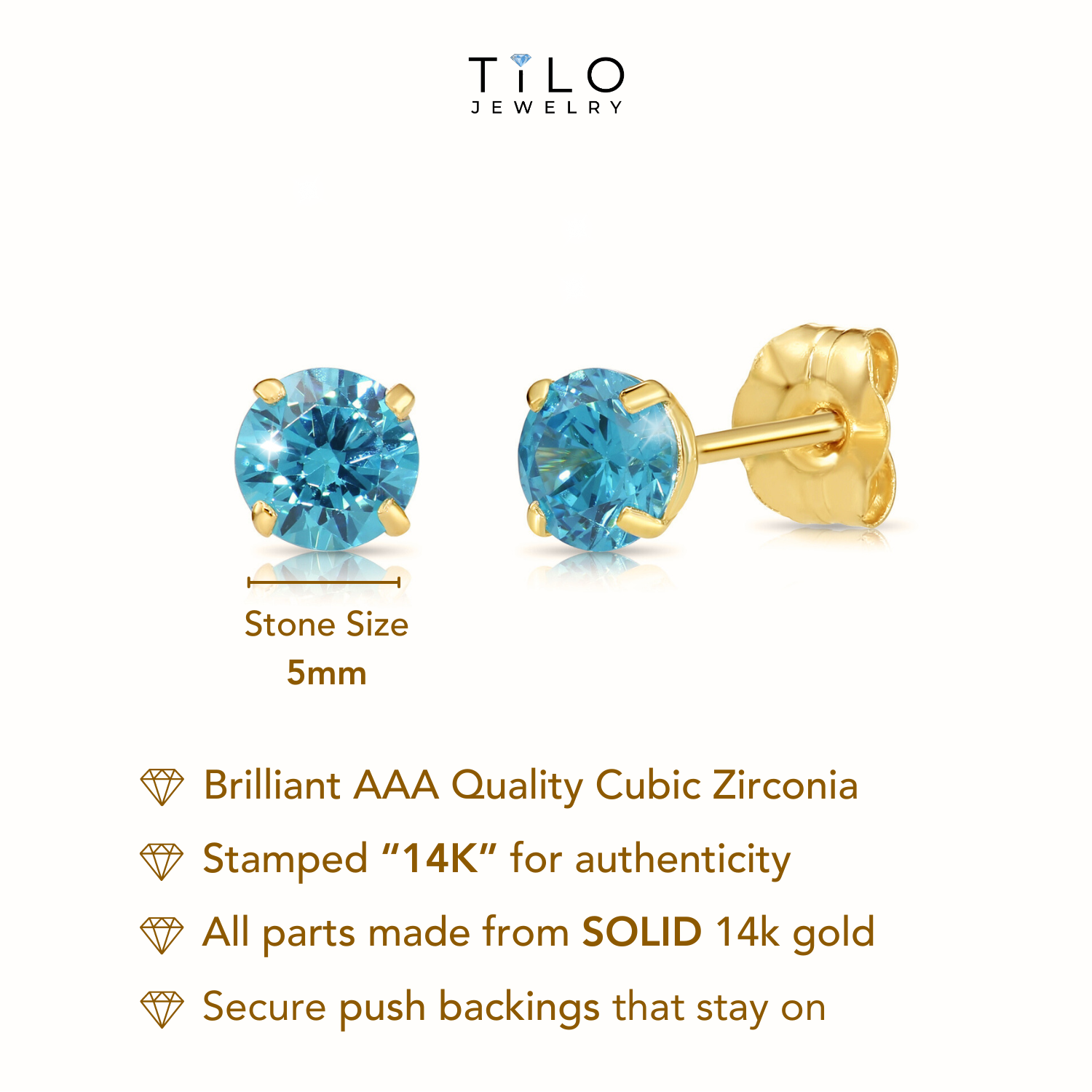 14K Yellow Gold Birthstone Stud Earrings, With Secure Push-backs, 5mm