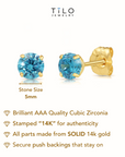 14K Yellow Gold Birthstone Stud Earrings, With Secure Push-backs, 5mm