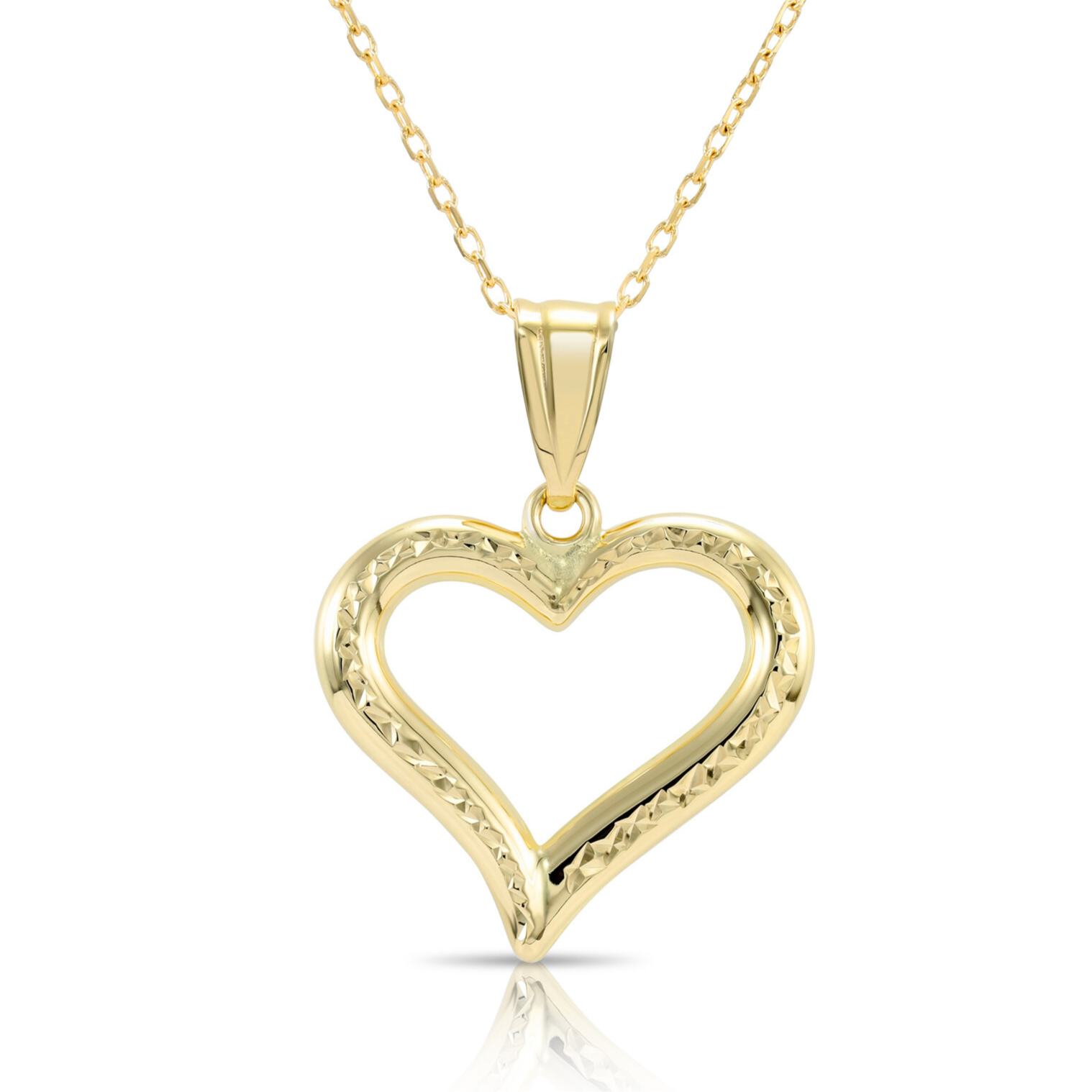 14K Yellow Gold Diamond-Cut Heart Pendant, With 18&quot; Cable Chain Necklace