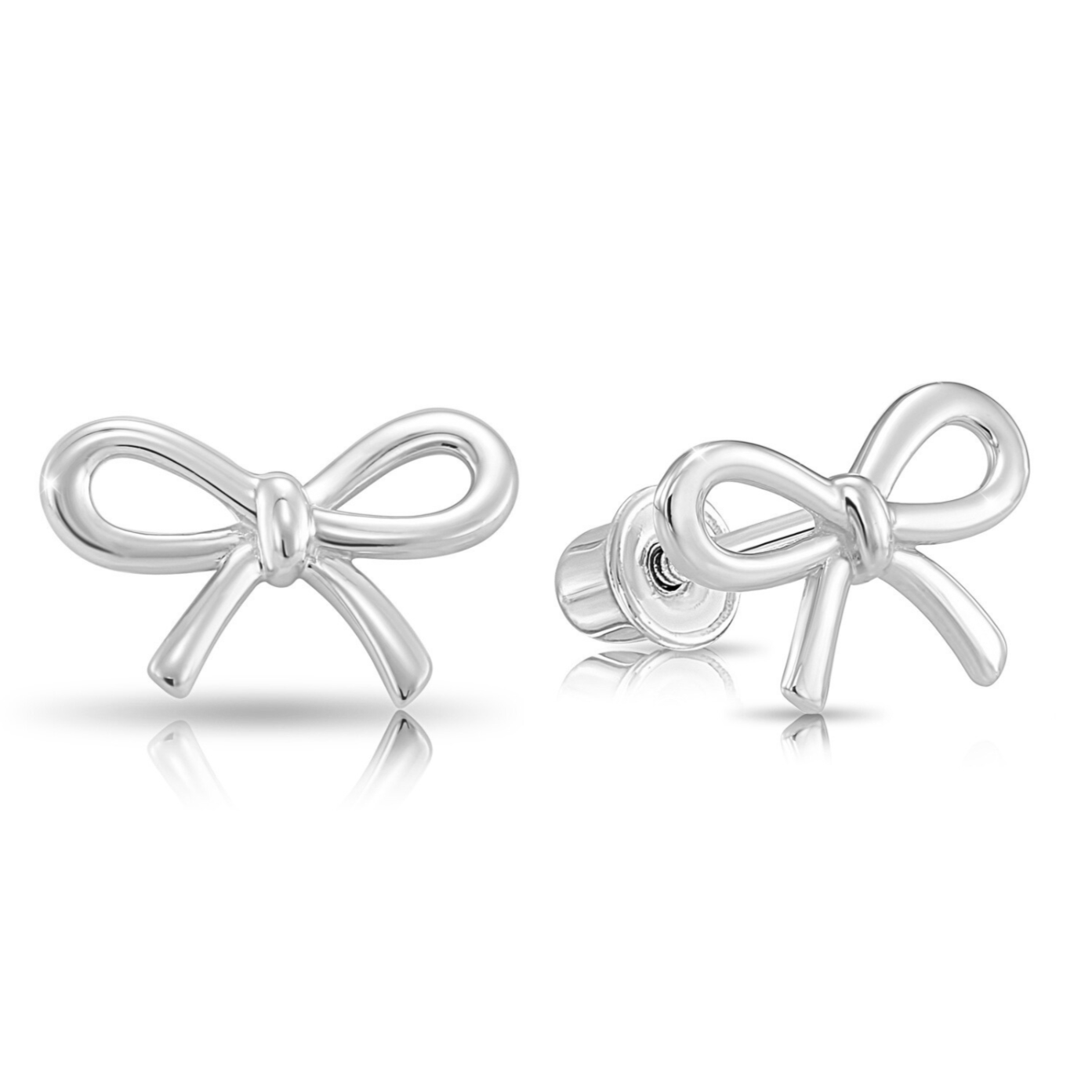 14K Solid White Gold Ribbon Bow Stud Earrings, With Secure Screw-Backs