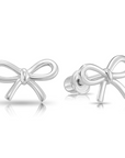 14K Solid White Gold Ribbon Bow Stud Earrings, With Secure Screw-Backs