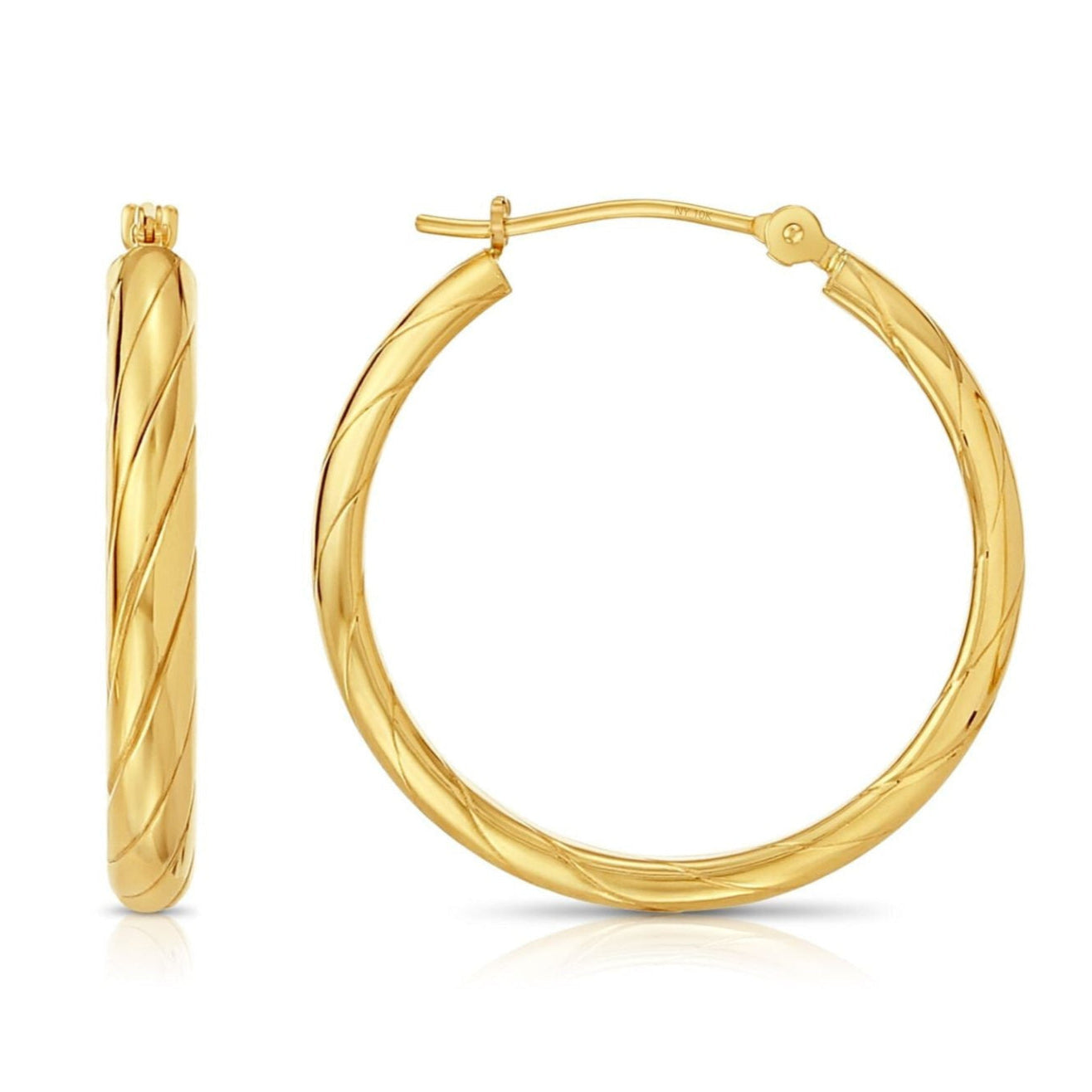 10K Yellow Gold Round Spiral Diamond-Cut Hoop Earrings