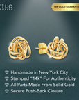 14k Gold Love Knot Stud Earrings with Hand Engraved Diamond Cuts, 9mm, Pushback Studs