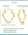 14k Yellow Gold Heart Hoop Earrings, Small Hoops with Engravings, Design 